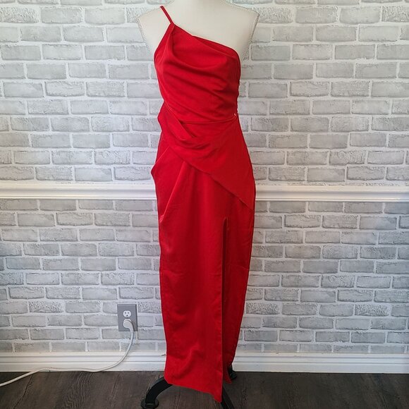ASOS Satin One Shoulder Strappy Red Maxi Dress w/ Slit NEW 4 Dance Party Formal - Picture 1 of 11